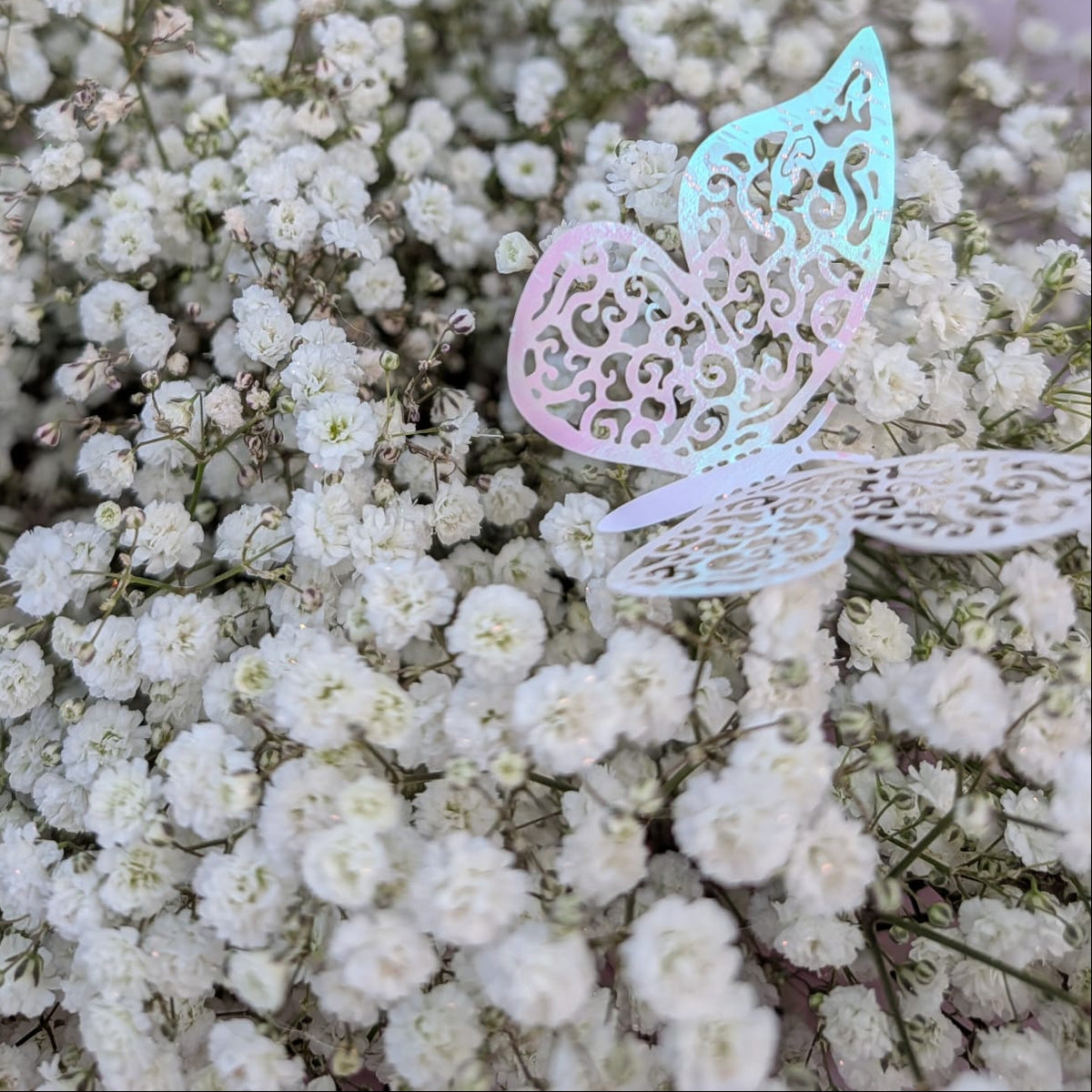 A close-up of a bouquet or floral arrangement made of dense white baby's breath flowers, with a pastel pink star-shaped balloon and a translucent iridescent butterfly decoration in the background.