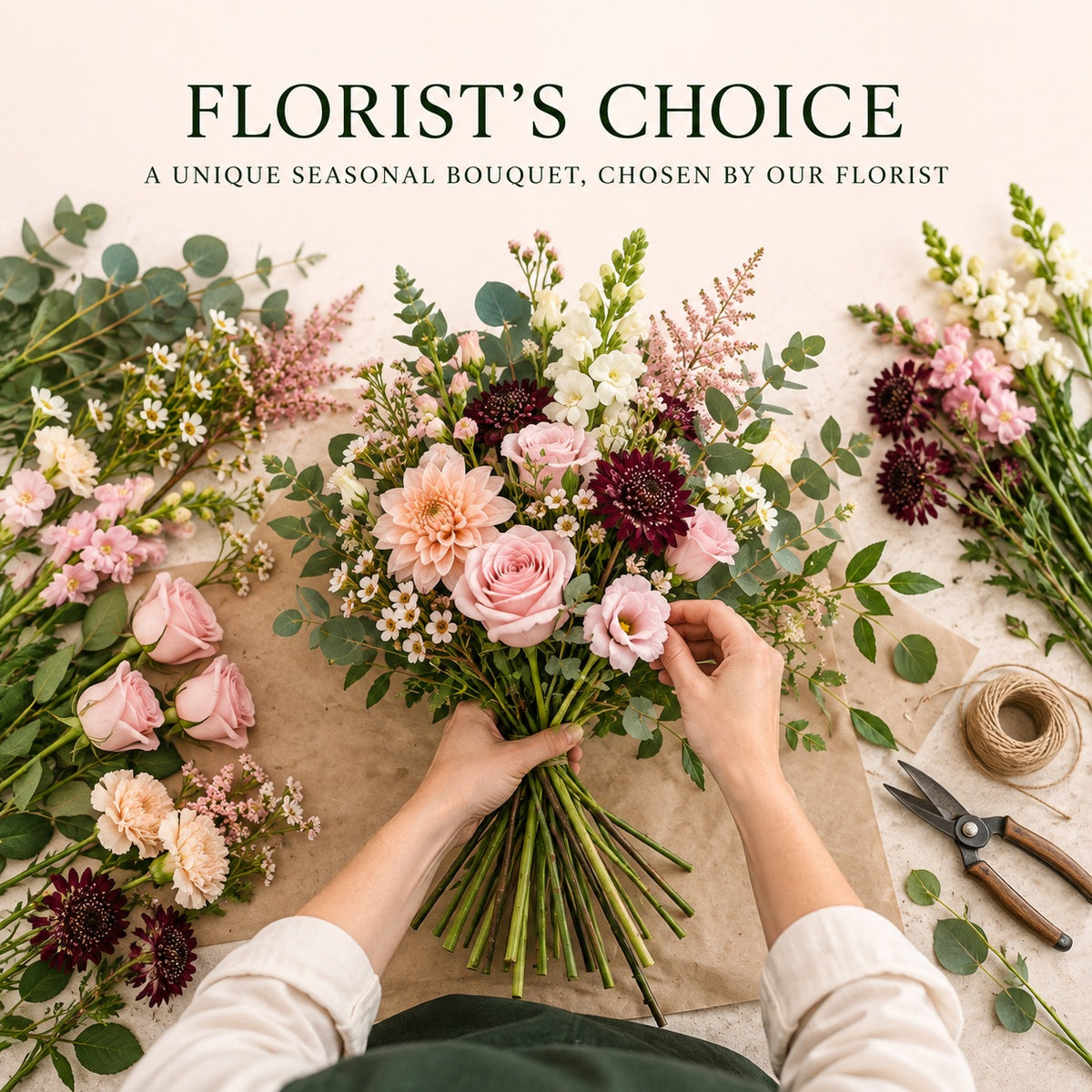 A florist's choice bouquet arrangement in progress, with hands holding a bundle of pink, peach, burgundy, and white flowers and greenery over a sheet of brown paper. The scene includes additional flower stems, twine, shears, and the text 'FLORIST'S CHOICE' at the top.